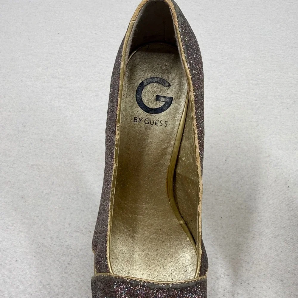 G By Guess Glitter Peep‎ Toe Platform Stiletto Heels Sparkly Gold Working Club